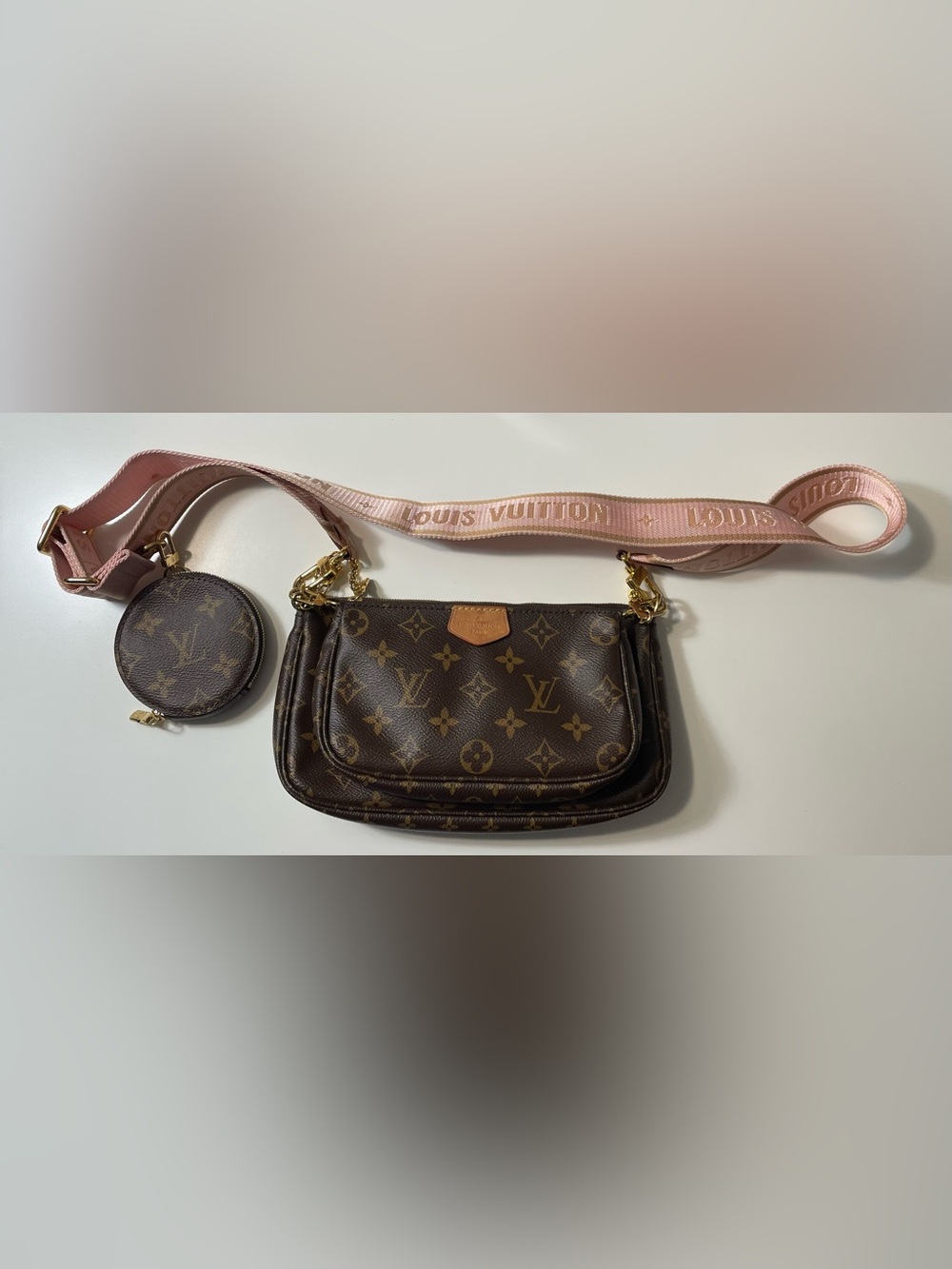 Louis Vuitton Brown Monogram Crossbody Bag with Pink Strap